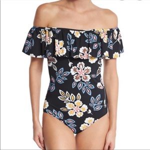 Tory Burch Hopewell Floral Ruffle One Piece Swimsuit Black Off the Shoulder